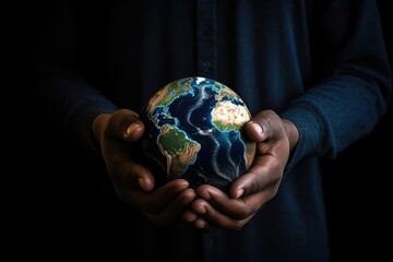 Two hands holding the planet earth with a dark studio backdrop