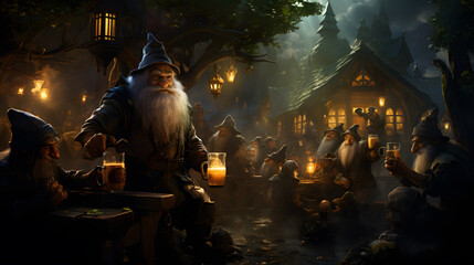 there are many gnomes that are standing around a table Generative AI