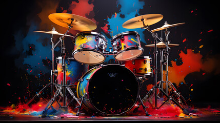 arafly shot of a drum set with colorful paint splatters Generative AI