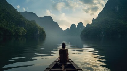 A woman seated at the front  boat meditates while contemplating the calm and magnificent landscape  lake surrounded by mountains