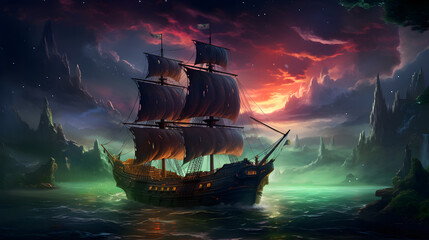 pirate ship sailing in the ocean at night with a beautiful sky Generative AI - obrazy, fototapety, plakaty