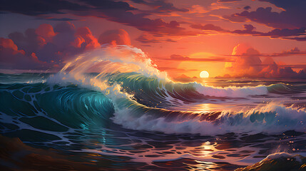 painting of a sunset over a wave breaking on the ocean Generative AI
