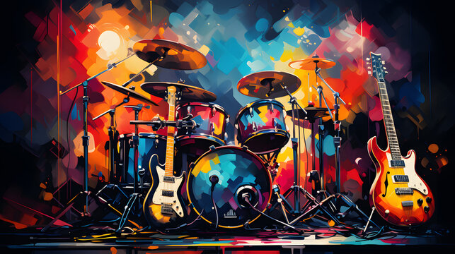 painting of a drum set with guitars and drums on a stage Generative AI