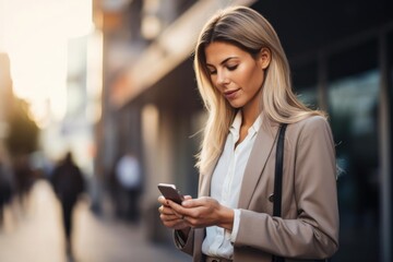 Fototapeta premium Closeup image of business woman checking her smart mobile phone device outdoors