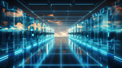 a close up of a server room with a sky background Generative AI