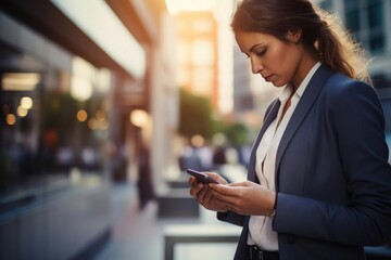 Closeup image of business woman checking her smart mobile phone device outdoors