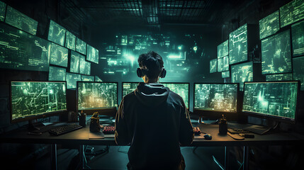 Obraz premium there is a man sitting at a desk with multiple monitors Generative AI