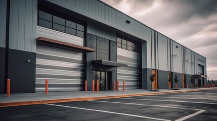 Exterior warehouse with large roll up doors and retail on front