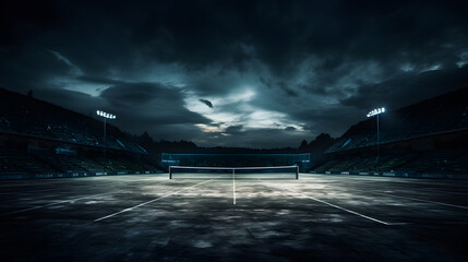 arafed tennis court with a cloudy sky and lights Generative AI - obrazy, fototapety, plakaty