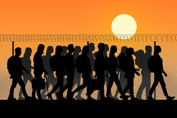 Immigration. Silhouettes of people walking along perimeter fence with barbed wire on top at sunset,...