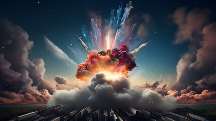 arafed explosion of colorful smoke and smoke bombs in a city Generative AI - obrazy, fototapety, plakaty