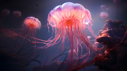 jellyfishs floating in the water with a dark background Generative AI