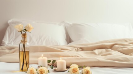 romantic bedroom with burning candle and flowers and bottle