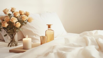 Fototapeta na wymiar romantic bedroom with burning candle and flowers and bottle