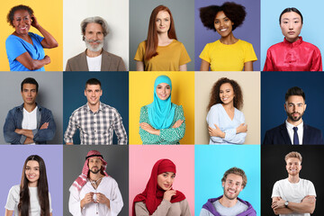 Collage with portraits of people on different color backgrounds