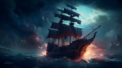 pirate ship in the ocean with a lot of smoke coming out of it Generative AI