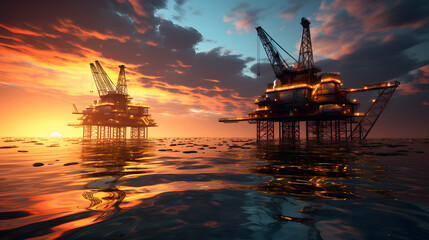arafed oil rigs in the middle of the ocean at sunset Generative AI