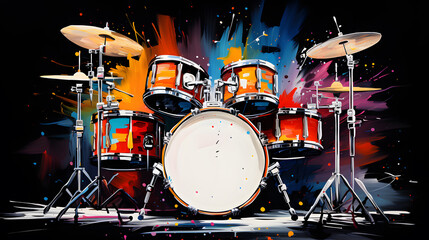painting of a drum set with a colorful splash of paint Generative AI