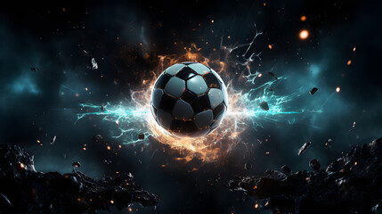 arafed soccer ball in a dark space with a lot of sparks Generative AI