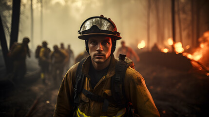 Obraz premium firefighters in a forest with flames in the background Generative AI