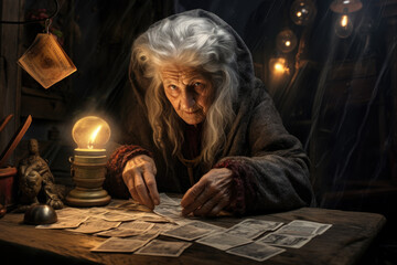 Fototapeta premium Old woman witch tarot card reading on the table in dark room Generative AI