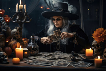 Old woman witch tarot card reading on the table in dark room Generative AI