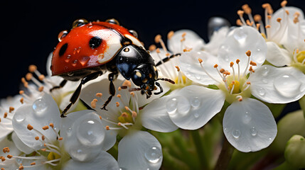 there is a ladybug sitting on a white flower with water droplets Generative AI