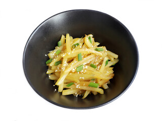 Stir-fry potatoes or Gamja Bokkeum on white background. Korean food concept,Top view