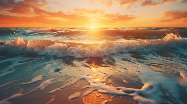 sunset over the ocean with waves crashing on the beach Generative AI