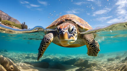 there is a turtle swimming in the ocean with a clear sky Generative AI