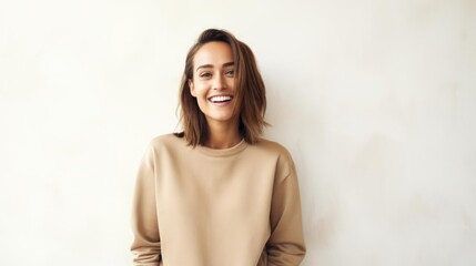   beautiful woman wearing a plain tan sweatshirt standing in front  white wall with modern decor in the background in a happy mood - Powered by Adobe