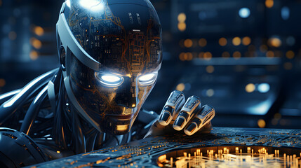 there is a robot that is looking at a circuit board Generative AI