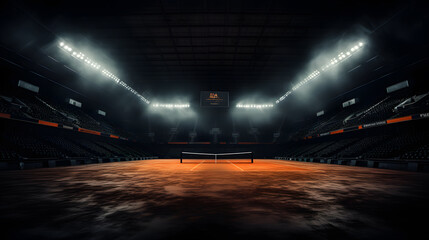 arafed view of a tennis court with a net and lights Generative AI