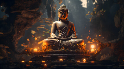 buddha statue with candles in the background and a dark forest Generative AI