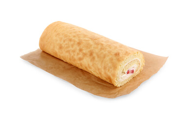Delicious sponge cake roll with strawberries and cream isolated on white