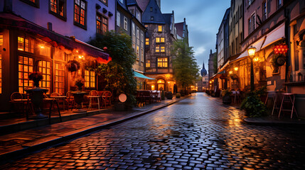 arafed view of a cobblestone street with tables and chairs Generative AI