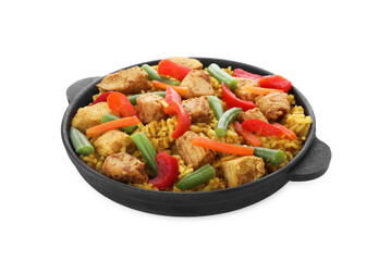 Serving pan of delicious rice with chicken and vegetables isolated on white