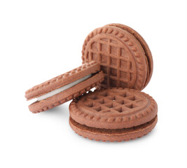 Tasty chocolate sandwich cookies with cream isolated on white