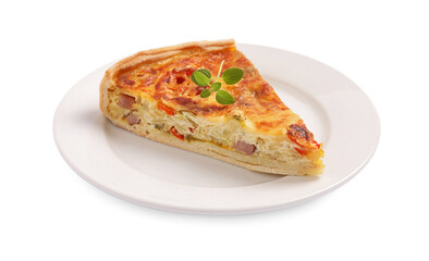Piece of delicious homemade vegetable quiche isolated on white