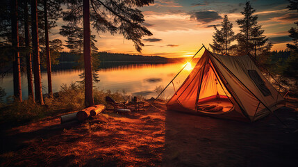 tienda campaña amarilla montada cerca de un lago e iluminada en paraje natural  de un bosque con hermosa puesta de sol - obrazy, fototapety, plakaty