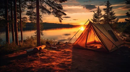 Cercles muraux Camping tienda campaña amarilla montada cerca de un lago e iluminada en paraje natural  de un bosque con hermosa puesta de sol