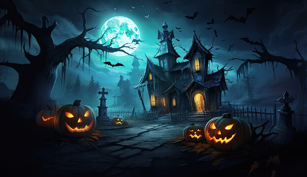 casa de terror iluminada en bosque de noche son luna llena, decorada con calabazas con cara de terror con luz, concepto hallowen