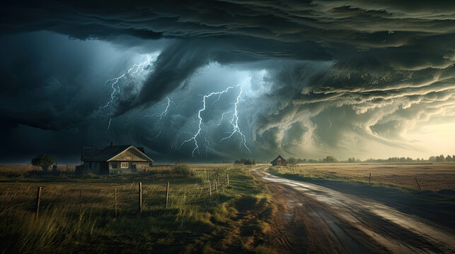 fondo de naturaleza con fuerte tormenta y tornados sobre el campo con una casa habitada