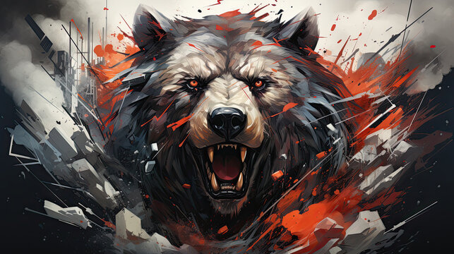 cara de oso enfurecido ense&ntilde;ando los colmillos, sobre fondo abstracto en colores negros, gris y rojo