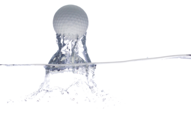 Golf Ball falls into water and creates air bubbles on surface. Golf Ball drop hit smash to clear water and deep to bubble. White background isolated freeze motion