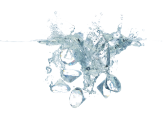 Diamonds falls into water and creates air bubbles on surface. Many Diamonds drop hit smash to clear water and deep to bubble. White background isolated freeze motion