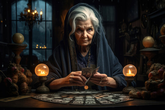 Old woman witch tarot card reading on the table in dark room Generative AI