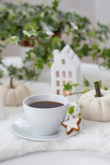 Cup of tea with home made cookies, decorative houses and pumpkins