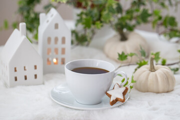 Cup of tea with home made cookies, decorative houses and pumpkins
