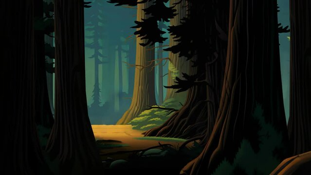 As the sun dips below the horizon, the cartoon forest background transforms into a mystical twilight world. 